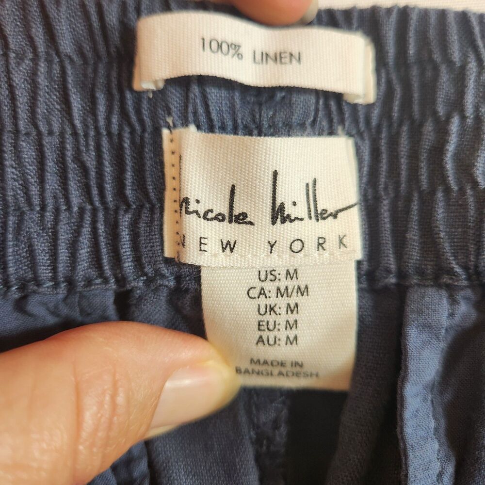 Nicole Miller Womens 100% Linen Capri Ankle Pants Med Blue Elastic Waist Belted - Picture 13 of 14